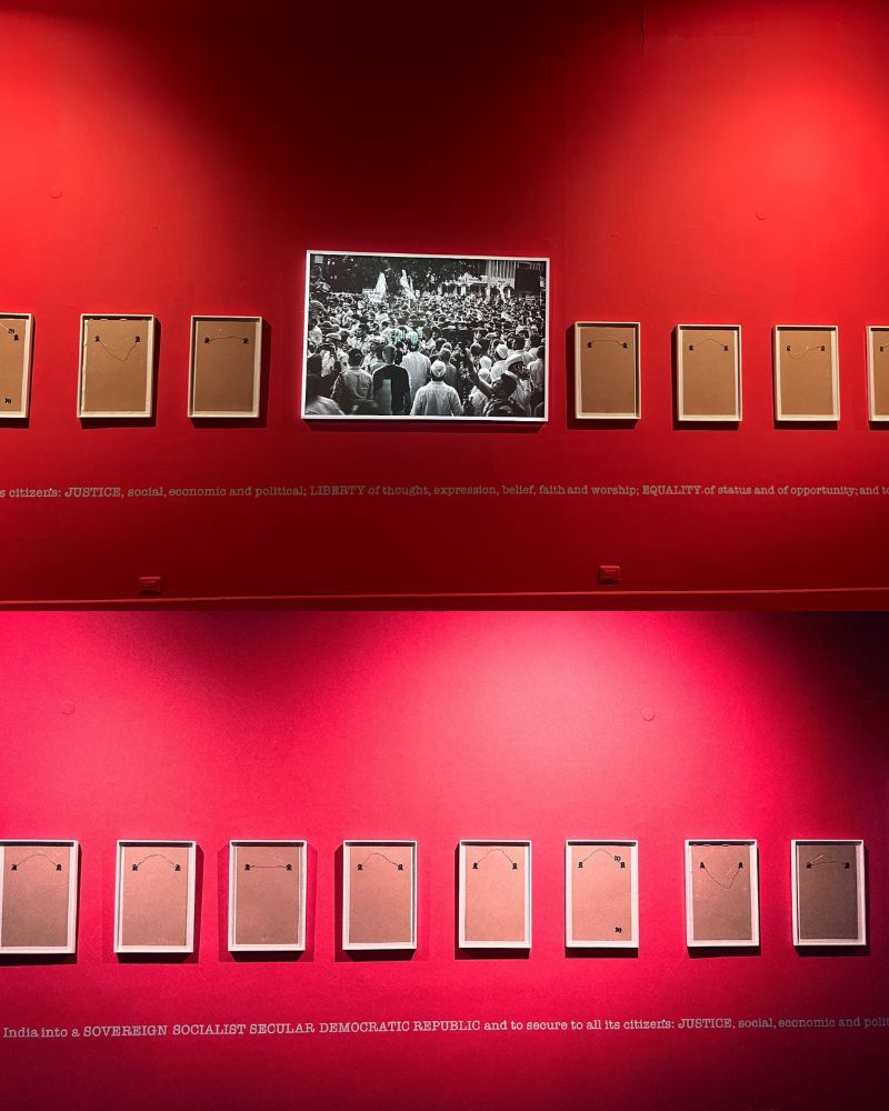 Crowd photograph among empty reversed frames